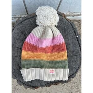 Billabong Knit Beanie Winter Hat, Striped, Ball On Top, Cotton Blend, One Size‎